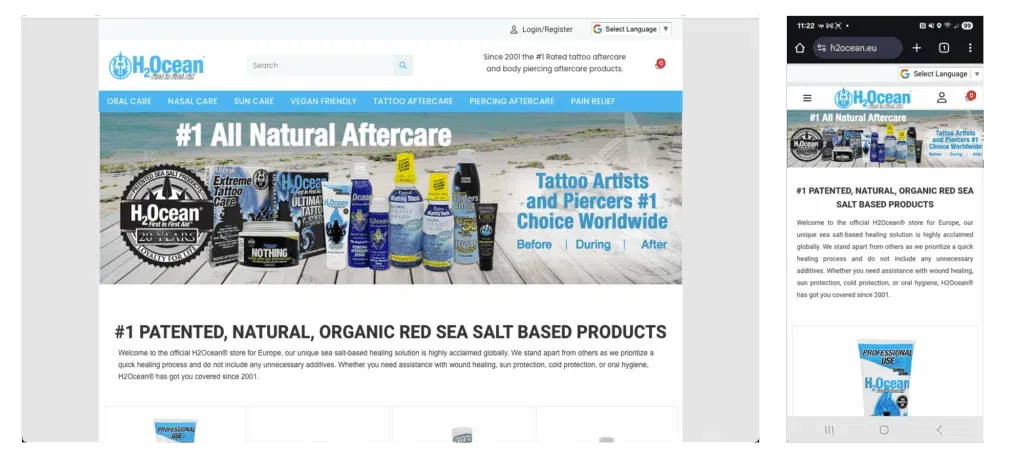 H2OceanEU wordpress ecommerce, woocommerce custom theme in elementor pro