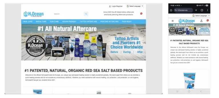 H2OceanEU wordpress ecommerce, woocommerce custom theme in elementor pro