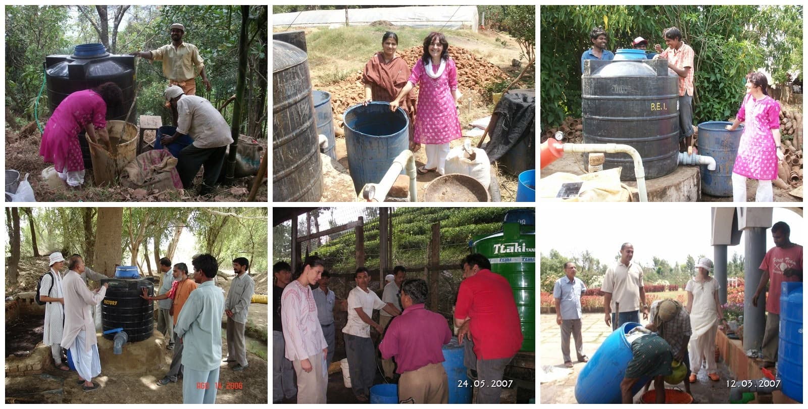 Collage of six photographs of Biosol tanks being assembled with farm crews